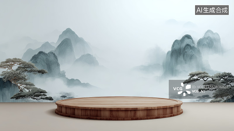 【AI数字艺术】新中式中国风山水画产品展台背景图片素材