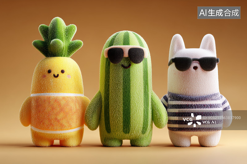 【AI数字艺术】三个拟人化的水果和动物玩具图片素材