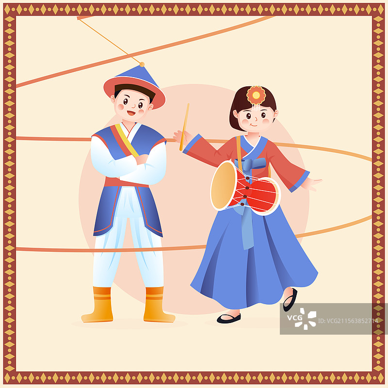 中华传统少数民族朝鲜族人物矢量插画海报图片素材
