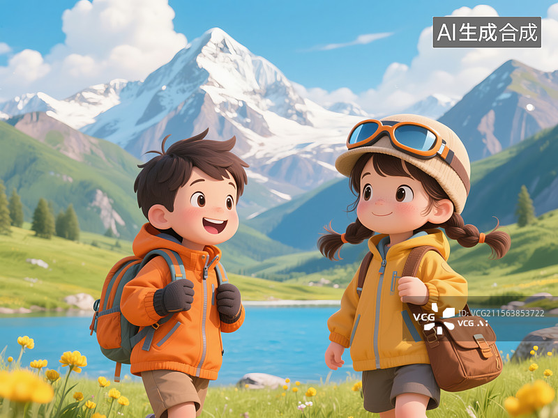 【AI数字艺术】卡通人物的户外探险之旅图片素材