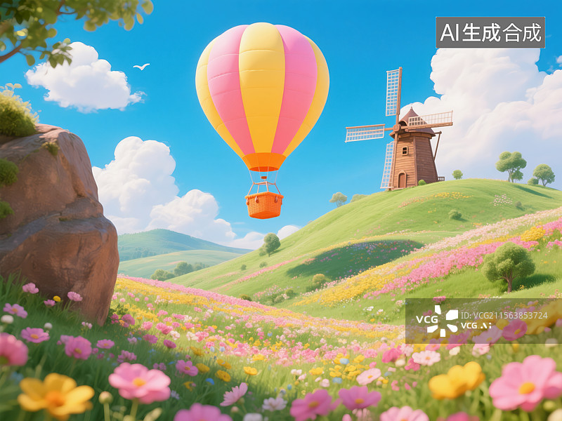 【AI数字艺术】梦幻田园的热气球与风车景致图片素材
