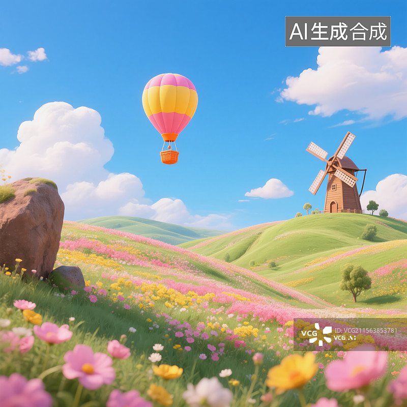 【AI数字艺术】梦幻田园的热气球与风车景致图片素材