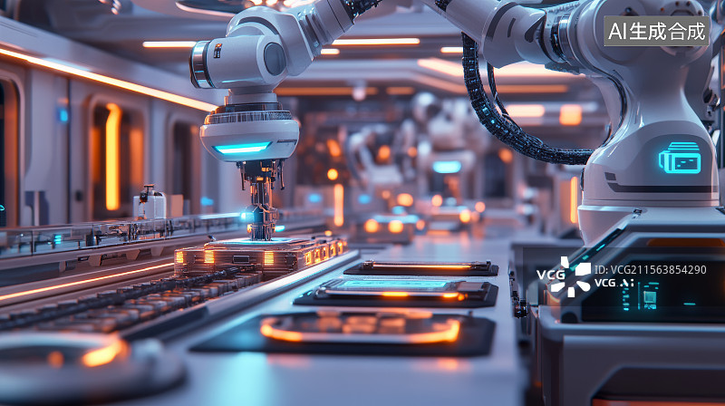 【AI数字艺术】机械臂在未来工厂生产线上协作作业图片素材
