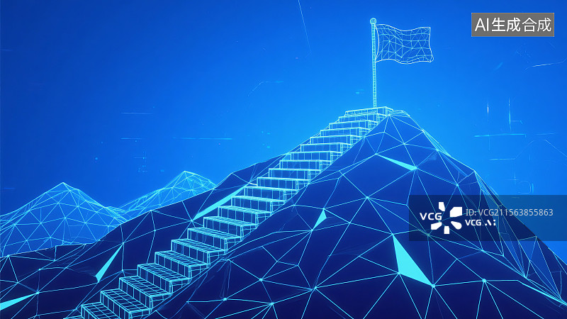 【AI数字艺术】科技感几何山峰与数字阶梯图片素材
