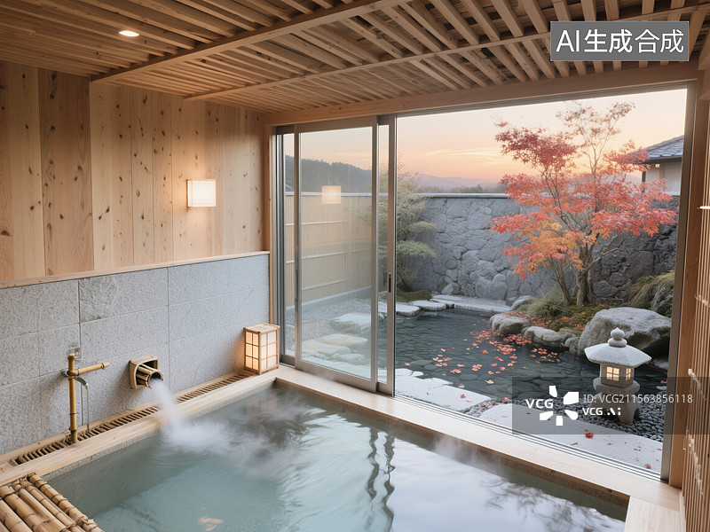 【AI数字艺术】日式雅致温泉私汤与庭院景致图片素材