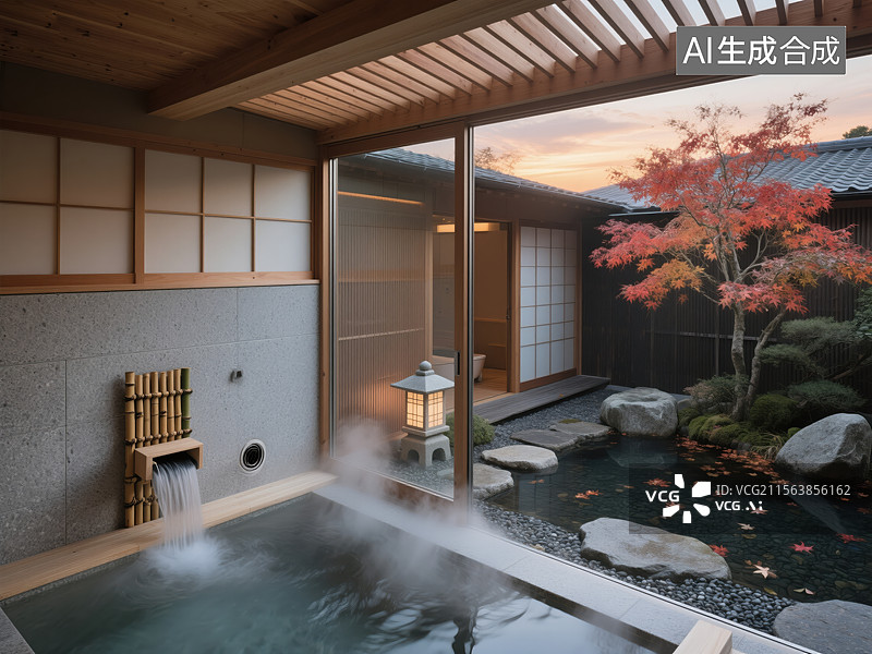 【AI数字艺术】日式雅致温泉私汤与庭院景致图片素材