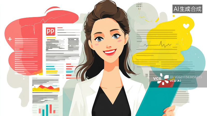 【AI数字艺术】女性医生与医疗文件图片素材