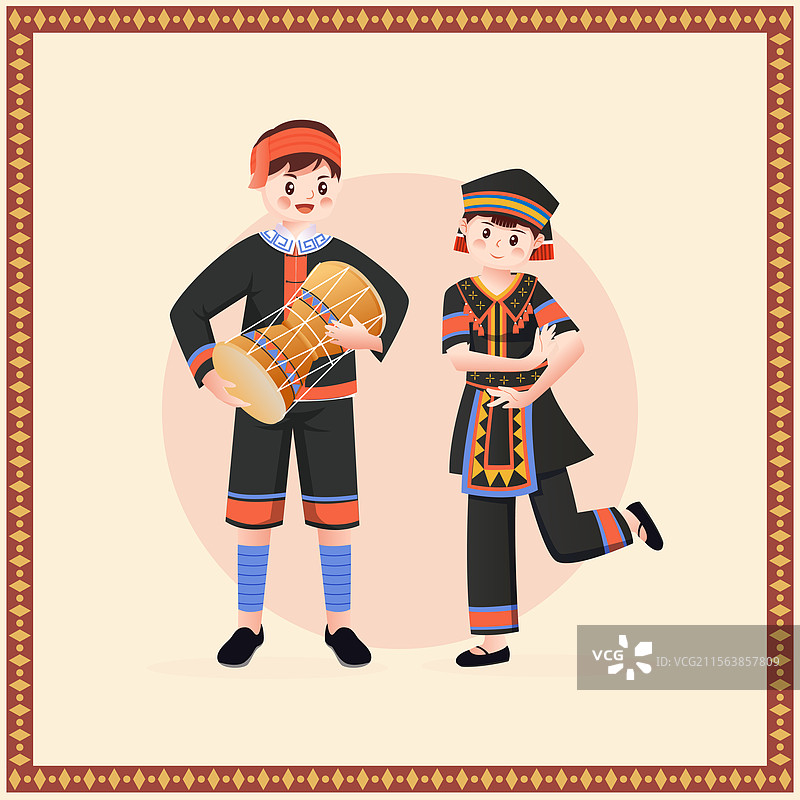 中华传统少数民族瑶族人物矢量插画海报图片素材