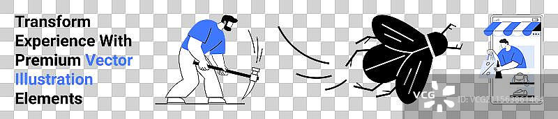 拿着镐的男人追赶一只巨大的昆虫，朝着手的方向。图片素材