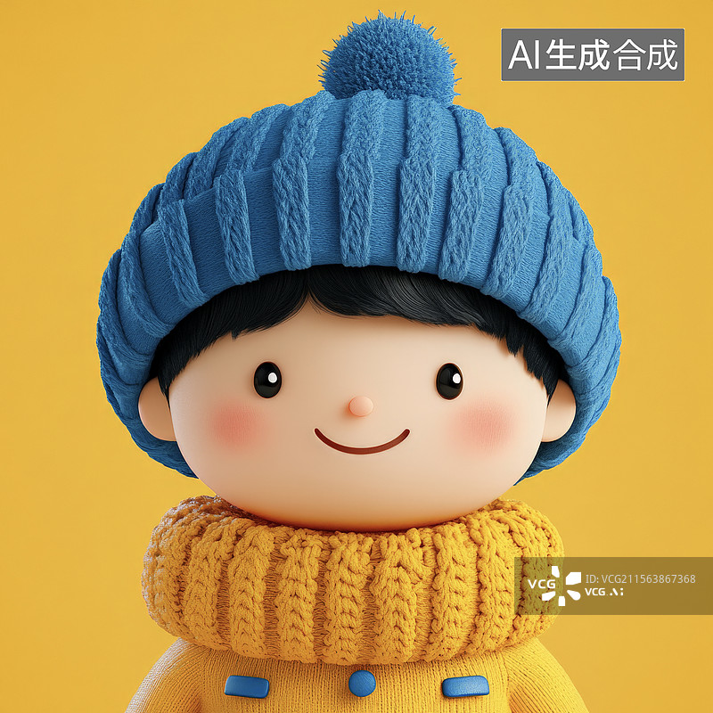【AI数字艺术】戴着蓝色帽子和黄色围巾的卡通人物图片素材