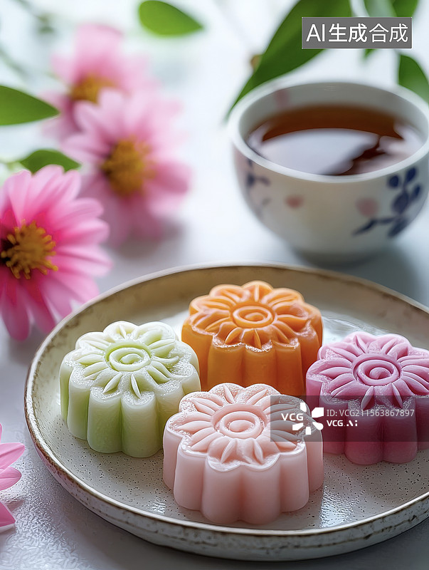 【AI数字艺术】彩色花朵形状的月饼和茶图片素材