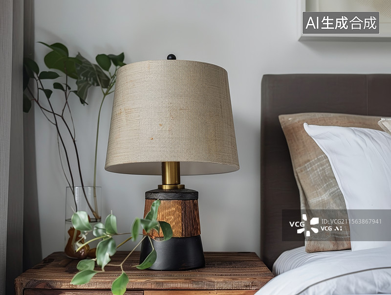 【AI数字艺术】床头灯与绿植的温馨卧室一角图片素材