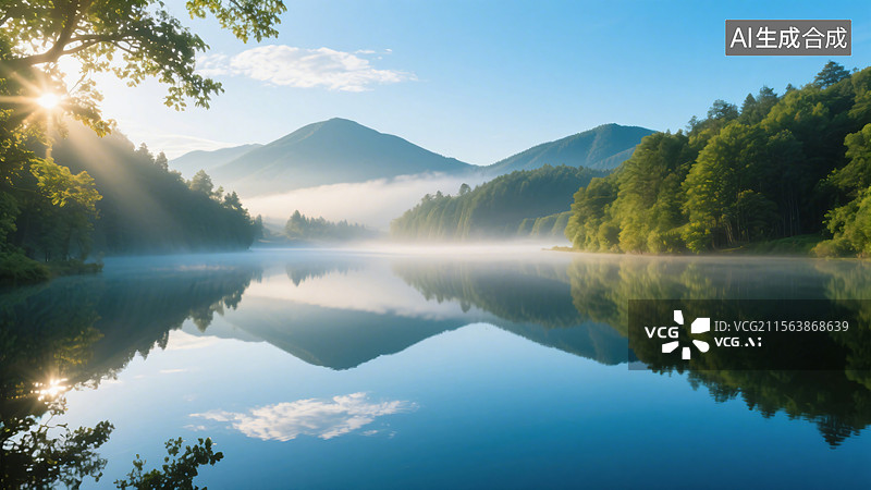 【AI数字艺术】晨曦中的宁静山湖图片素材