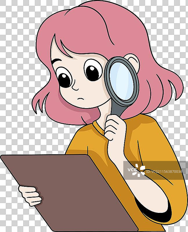 卡通女孩用放大镜进行分析图片素材