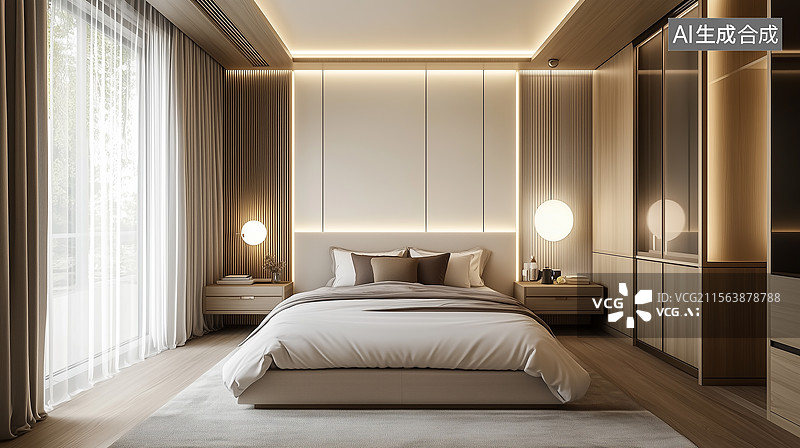 【AI数字艺术】现代奶油色卧室设计图片素材