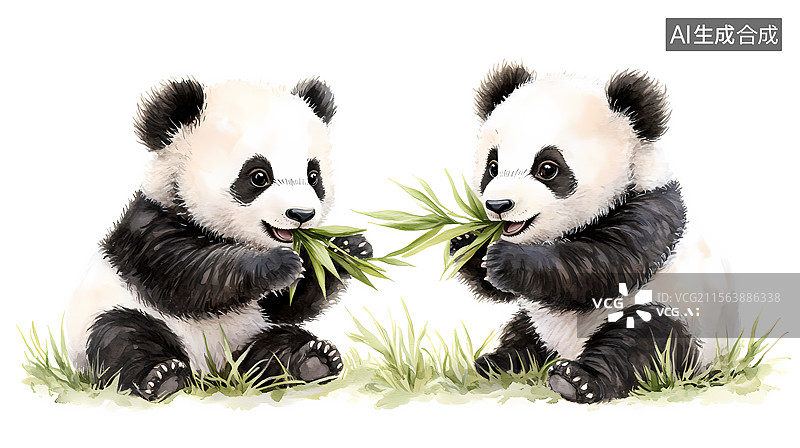 【AI数字艺术】两只可爱的小熊猫吃竹子图片素材