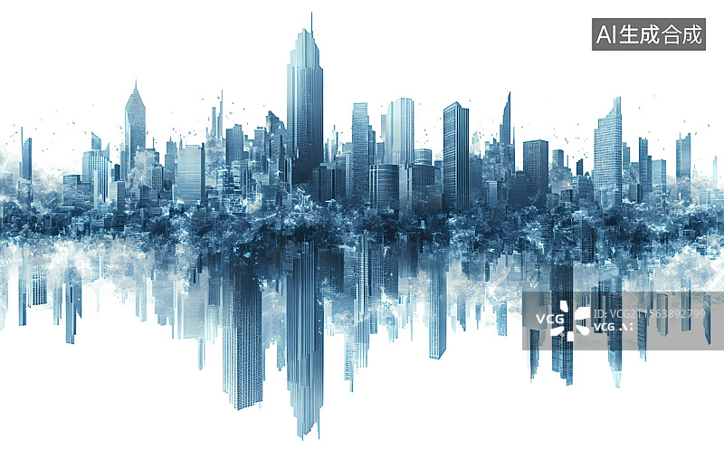 【AI数字艺术】现代城市天际线倒影图片素材