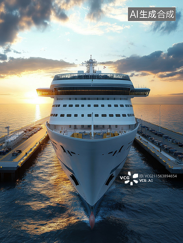 【AI数字艺术】日落时分停靠在码头的豪华游轮图片素材