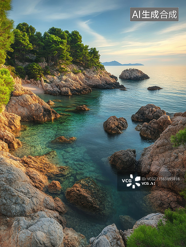 【AI数字艺术】岩石海岸线的宁静日落图片素材