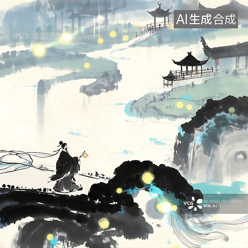 【AI数字艺术】水墨山水人物图图片素材