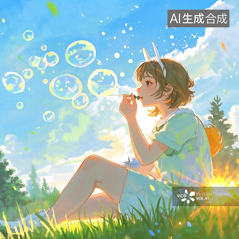 【AI数字艺术】少女吹泡泡夏日午后图片素材