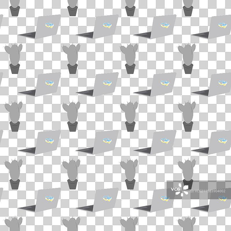 盆栽仙人掌和打开的电脑，显示乌克兰国旗图片素材