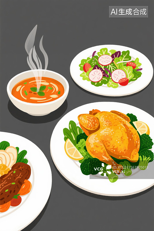 【AI数字艺术】一桌美味饭菜插画图片素材