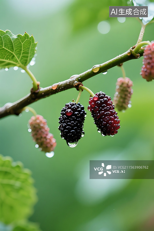 【AI数字艺术】枝条上垂下几颗滴着露珠的桑葚，绿色背景图片素材