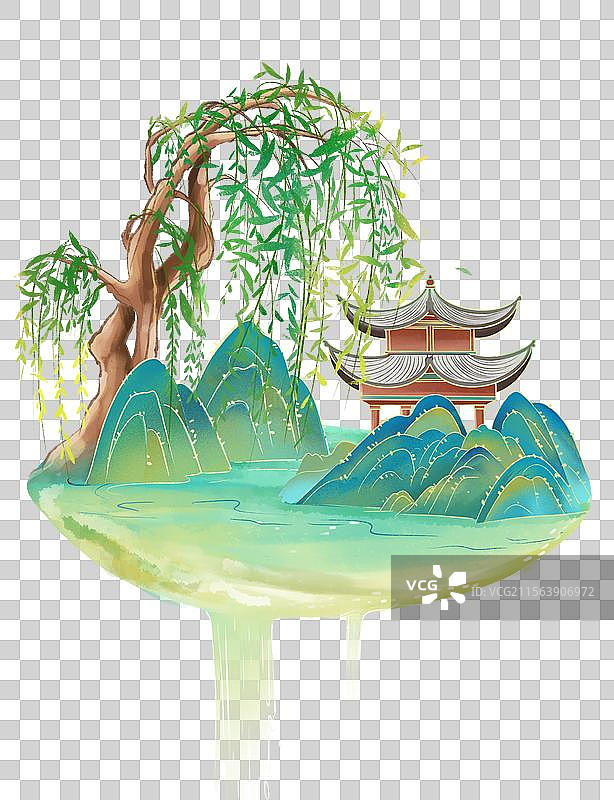 国潮风山水画风景 春天的柳树和假山 假山后的凉亭插画图片素材