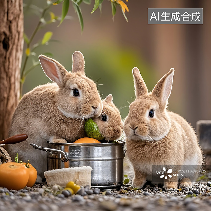 【AI数字艺术】三只可爱兔子吃水果图片素材