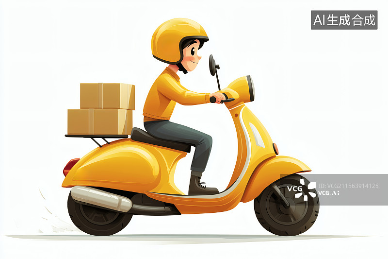 【AI数字艺术】戴着头盔，骑着电动车运输货物的快递员图片素材