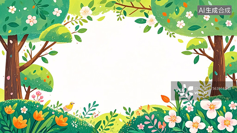 【AI数字艺术】2D卡通清新植物插画背景环绕图片素材