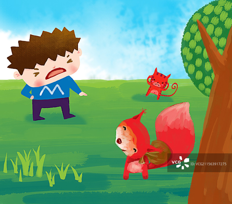 儿童插画 绘本图画书 站在草地上的男孩 指着松鼠图片素材