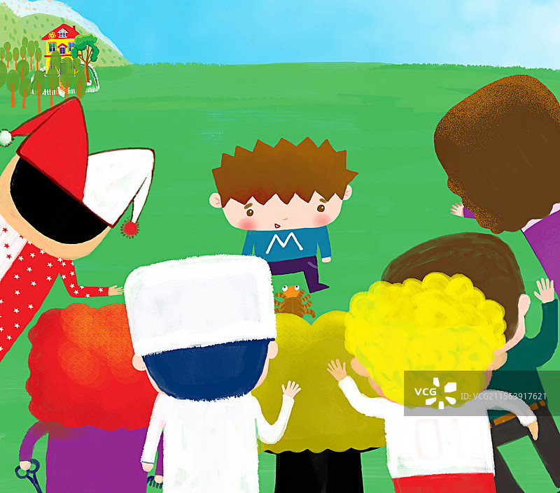 儿童插画 绘本图画书 一群人围着一个孩子图片素材