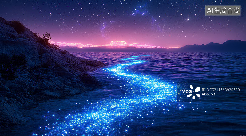 【AI数字艺术】梦幻蓝眼泪荧光海浪海滨夜景图片素材