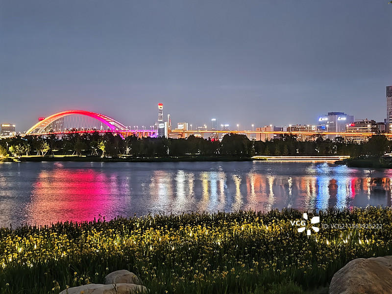 上海夜未央：卢浦大桥多彩灯光秀与上海世博文化公园湖畔花海图片素材