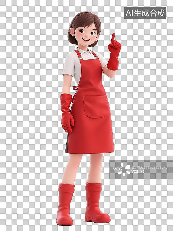【AI数字艺术】卡通立体女生穿围裙手套竖起食指比划第一手势图片素材
