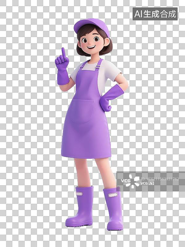 【AI数字艺术】卡通立体女生穿围裙手套竖起食指比划第一手势图片素材