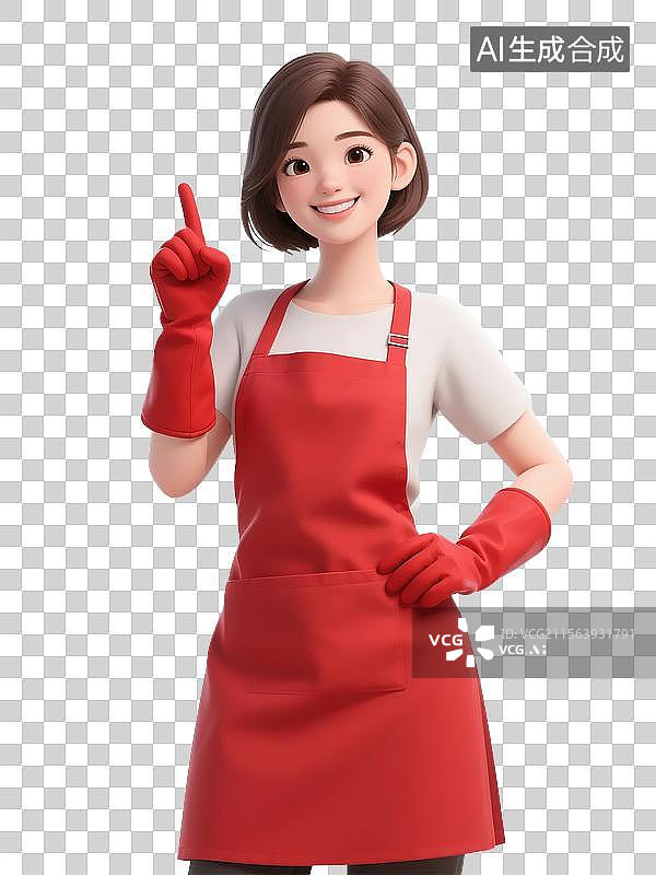 【AI数字艺术】卡通立体女生穿围裙手套竖起食指比划第一手势图片素材