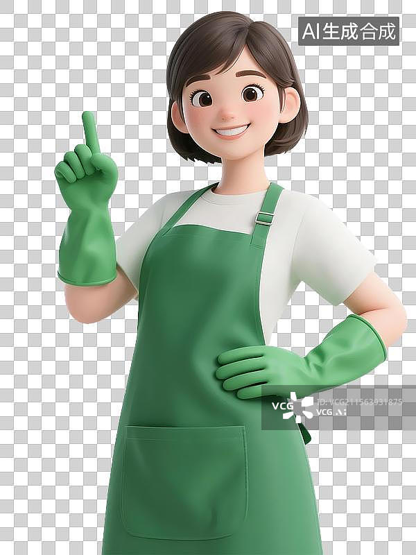 【AI数字艺术】卡通立体女生穿围裙手套竖起食指比划第一手势图片素材