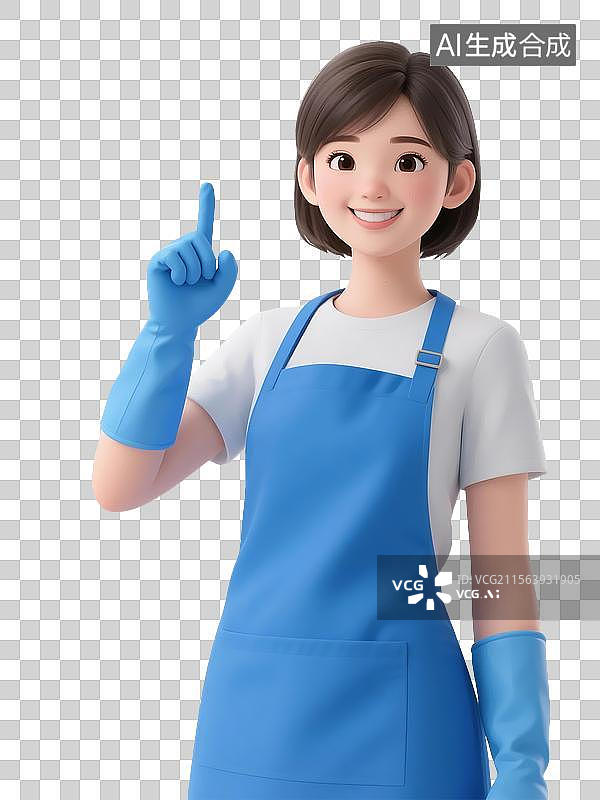 【AI数字艺术】卡通立体女生穿围裙手套竖起食指比划第一手势图片素材