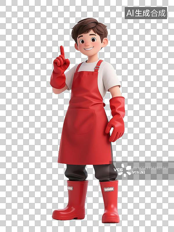 【AI数字艺术】卡通立体男生穿围裙手套竖起食指比划第一手势图片素材