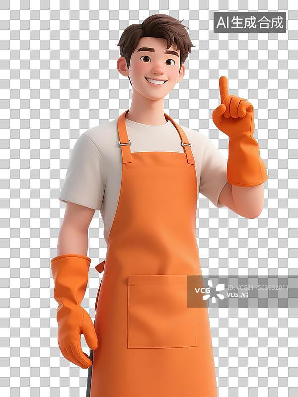 【AI数字艺术】卡通立体男生穿围裙手套竖起食指比划第一手势图片素材