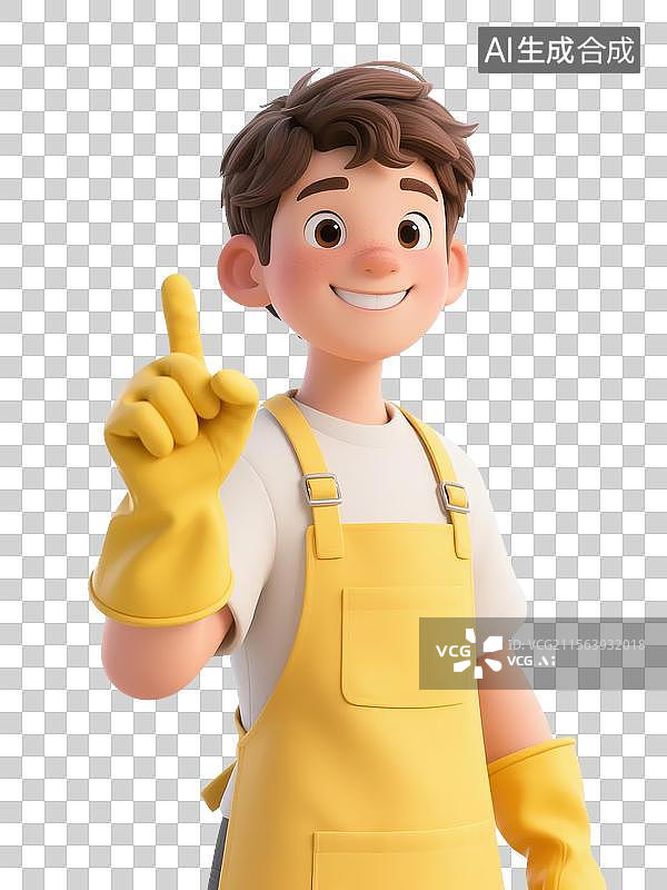 【AI数字艺术】卡通立体男生穿围裙手套竖起食指比划第一手势图片素材