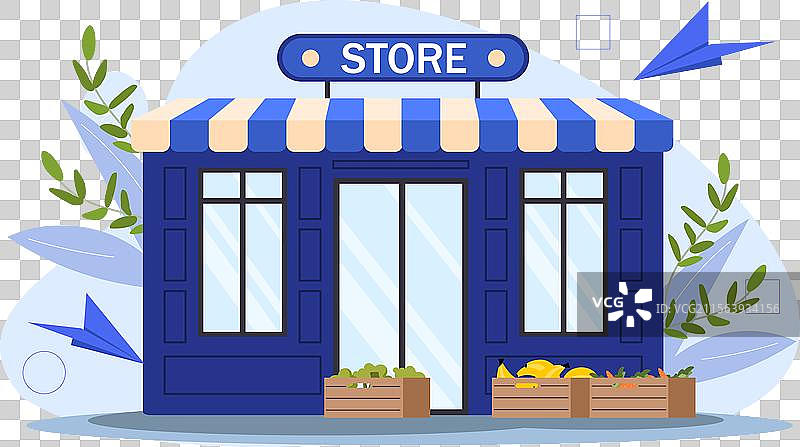 蓝色店面，带有店招和橱窗展示图片素材