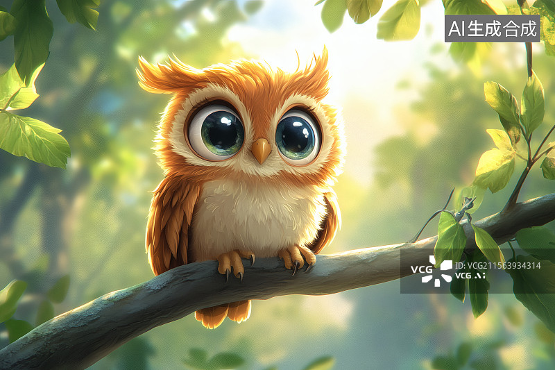 【AI数字艺术】卡通风格，猫头鹰栖息在树上图片素材