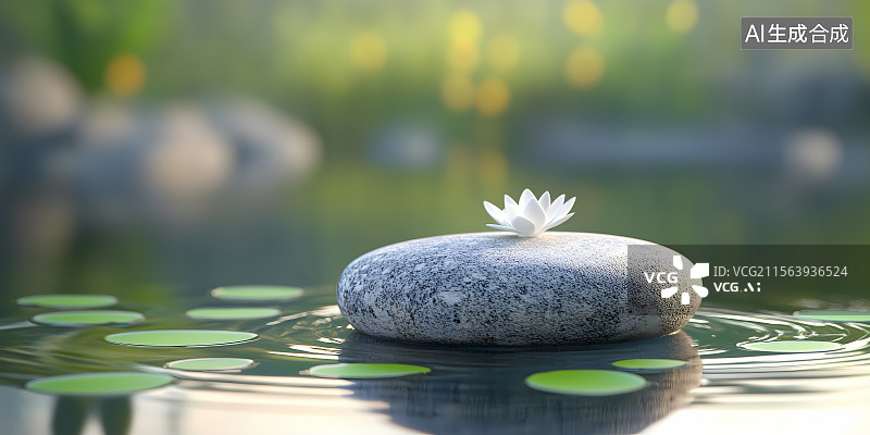 【AI数字艺术】宁静水面莲花石插画自然风光展示图片素材