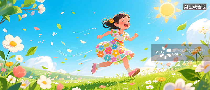 【AI数字艺术】一个快乐的亚洲小女孩穿着漂亮的花裙子，在阳光明媚的日子里，在公园的草地上奔跑，插画元素图片素材