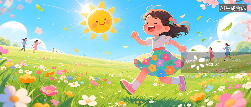 【AI数字艺术】一个快乐的亚洲小女孩穿着漂亮的花裙子，在阳光明媚的日子里，在公园的草地上奔跑，插画元素图片素材