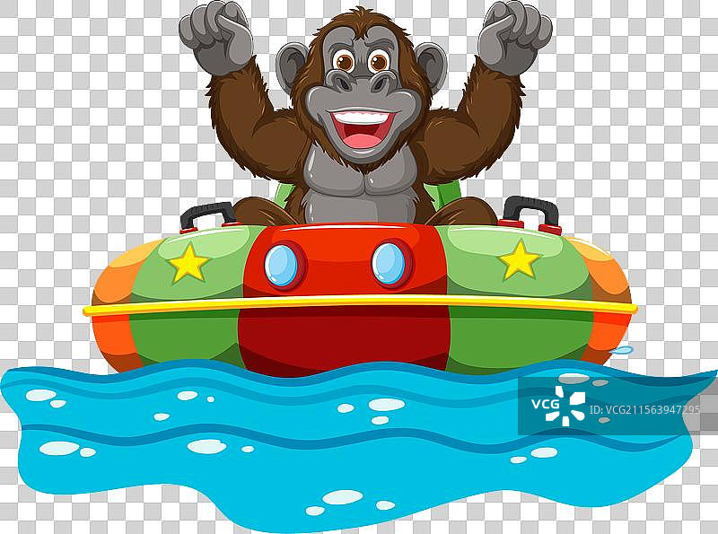 一只快乐的猴子在色彩斑斓的碰碰船上骑行图片素材